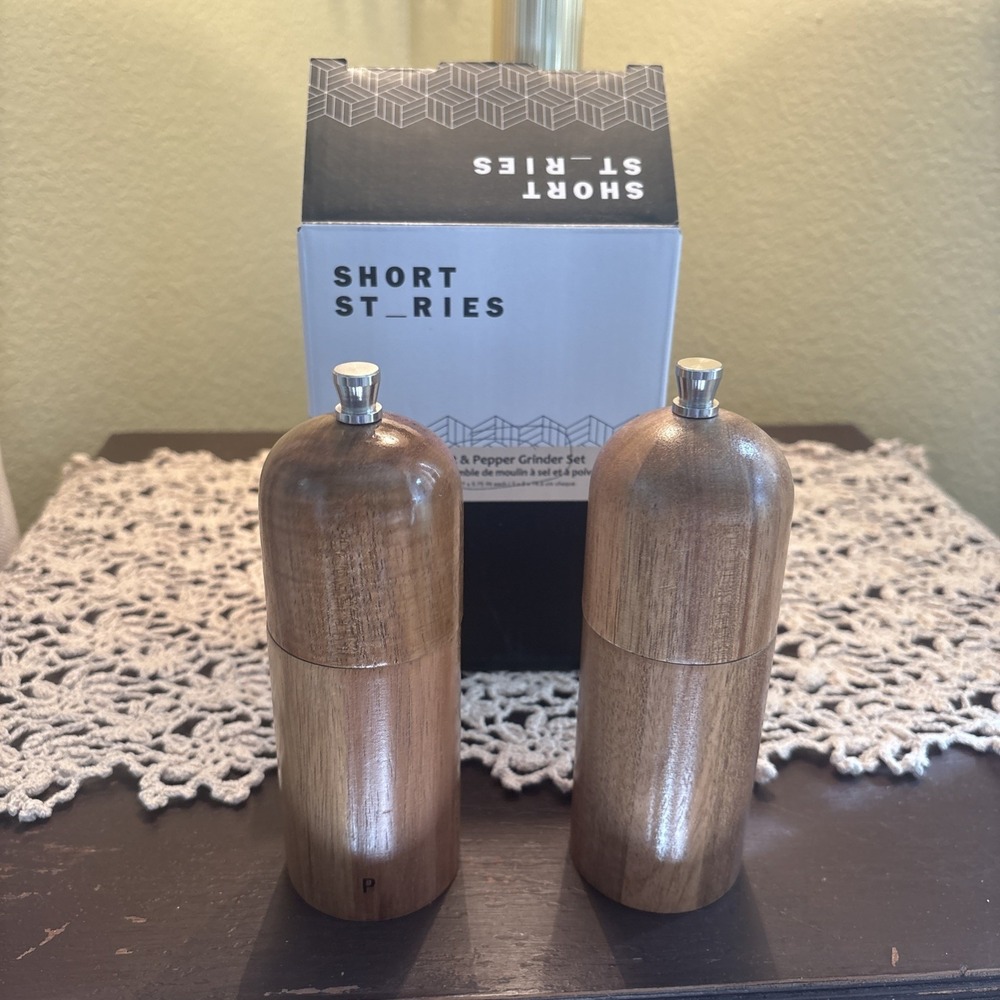 Short Stories Manual Salt & Pepper Grinders Set, Adjustable, Wood 5.75 in